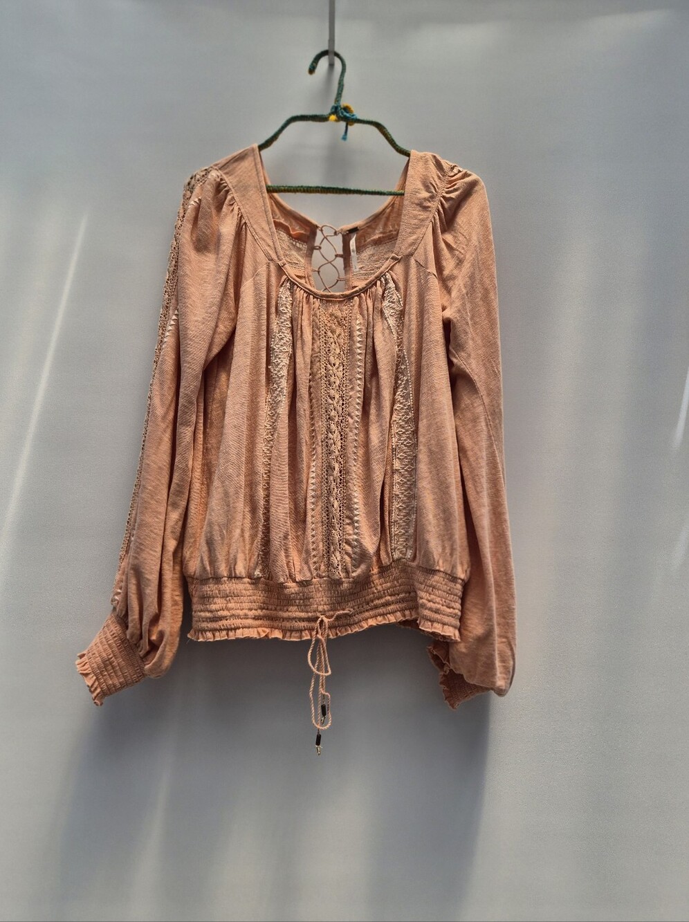 Free People Silverlake Peasant Blouse Large Peach Fairycore 70s Boho Chic Lace